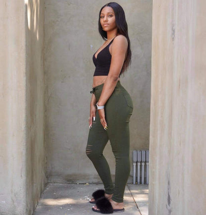Olive Drawstring Ripped Jean