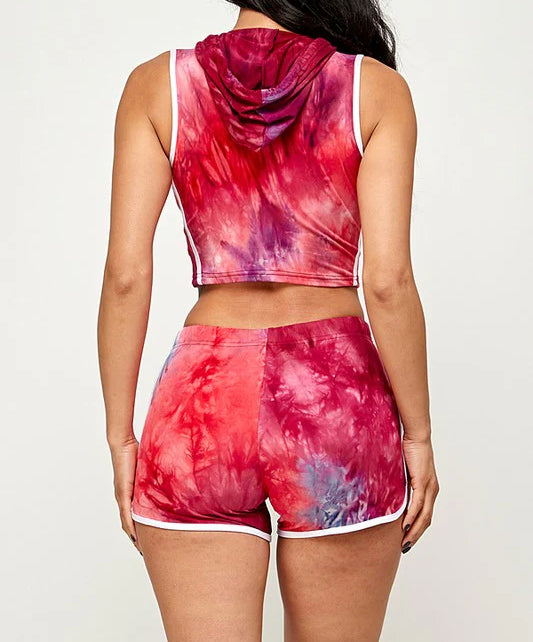 2-Piece Tie Dye Cropped Sleeveless Hoodie & Shorts