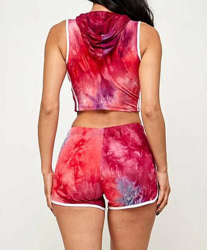 2-Piece Tie Dye Cropped Sleeveless Hoodie & Shorts